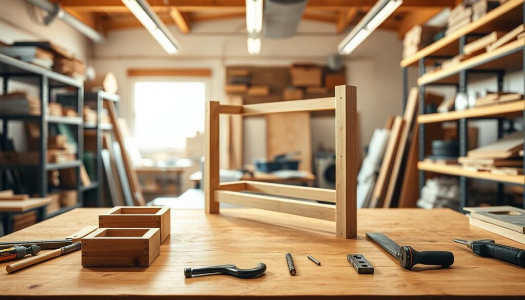 A high-quality, detailed interior shot of a DIY table base and frame construction process. The foreground shows the wooden base elements arranged on a clean, well-lit workbench, with various hand tools and hardware visible nearby. The middle ground features an intricate 3D rendering of the table frame being assembled, displaying the joinery techniques and structural supports. The background has a softly blurred workshop environment, with shelves of materials and tools visible in the periphery, creating a sense of depth and a professional, workshop-like atmosphere. Warm, natural lighting from overhead sources casts gentle shadows, emphasizing the textures and forms of the wooden components. The overall mood is one of skilled craftsmanship, precision, and the satisfying process of creating a bespoke furniture piece. A high-quality, detailed interior shot of a DIY table base and frame construction process. The foreground shows the wooden base elements arranged on a clean, well-lit workbench, with various hand tools and hardware visible nearby. The middle ground features an intricate 3D rendering of the table frame being assembled, displaying the joinery techniques and structural supports. The background has a softly blurred workshop environment, with shelves of materials and tools visible in the periphery, creating a sense of depth and a professional, workshop-like atmosphere. Warm, natural lighting from overhead sources casts gentle shadows, emphasizing the textures and forms of the wooden components. The overall mood is one of skilled craftsmanship, precision, and the satisfying process of creating a bespoke furniture piece.