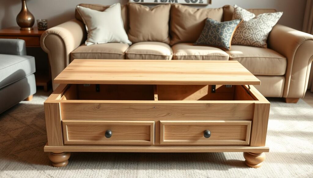 A highly detailed, meticulously crafted lift top coffee table in a well-lit, warm and inviting living room setting. The table features a smooth, light-colored wood surface that effortlessly lifts to reveal spacious hidden storage compartments. Carefully placed lighting casts a soft, natural glow across the scene, highlighting the table's craftsmanship and functionality. The camera angle captures the table at a slight elevation, showcasing its elegant design and seamless integration into the room's cozy, rustic-chic aesthetic. The background features neutral-toned walls and plush furnishings that complement the table's materiality and accentuate its practical yet sophisticated appeal.
