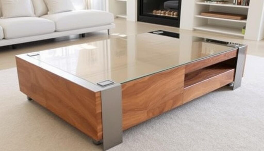 A large, sturdy coffee table constructed from an array of diverse materials - smooth, warm-toned wood, sleek steel, and transparent glass. The table is positioned in a bright, airy living room, with soft, natural lighting illuminating its surfaces. The wood grain and metal accents create an intriguing contrast, while the glass top reflects the surrounding space, adding depth and visual interest. The table's design is both functional and aesthetically pleasing, showcasing the harmonious blend of these three distinctive elements.