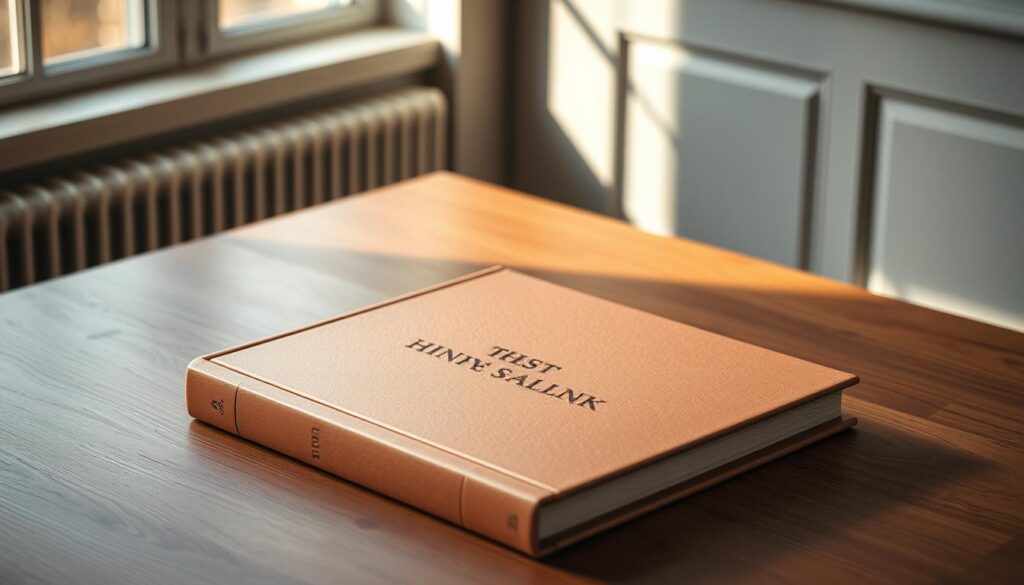 A luxurious, hardcover coffee table book resting on a minimalist oak table, illuminated by a warm, indirect light from a nearby window. The book's cover features a tasteful, tactile design with embossed lettering. The surrounding space conveys a sense of tranquility and thoughtful curation, creating an inviting atmosphere for leisurely browsing and contemplation.