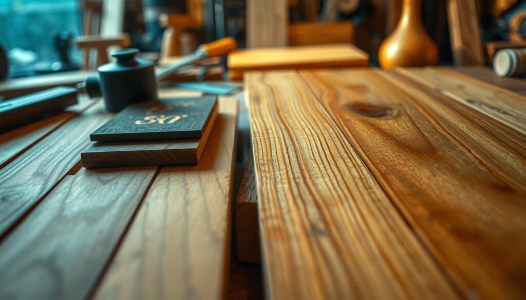 A meticulously crafted close-up scene showcasing various wood finishing techniques. In the foreground, an array of wood samples in different grains and shades, each undergoing a distinct finishing process - sanding, staining, varnishing, and polishing. The mid-ground features a well-lit, textured wooden surface, illuminated by soft, warm lighting, casting subtle shadows that accentuate the grain patterns. In the background, a blurred, but visually intriguing, array of woodworking tools and materials, hinting at the craftsmanship involved. The overall composition conveys a sense of expertise, attention to detail, and the artistry of wood finishing for a high-quality DIY project. A meticulously crafted close-up scene showcasing various wood finishing techniques. In the foreground, an array of wood samples in different grains and shades, each undergoing a distinct finishing process - sanding, staining, varnishing, and polishing. The mid-ground features a well-lit, textured wooden surface, illuminated by soft, warm lighting, casting subtle shadows that accentuate the grain patterns. In the background, a blurred, but visually intriguing, array of woodworking tools and materials, hinting at the craftsmanship involved. The overall composition conveys a sense of expertise, attention to detail, and the artistry of wood finishing for a high-quality DIY project.