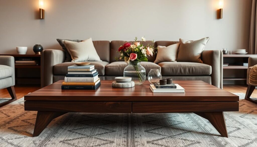 A meticulously crafted coffee table sits in the center of a well-appointed living room. The table is made of rich walnut wood with a smooth, glossy finish, complemented by sleek, tapered legs. The surface is adorned with a tasteful array of décor - a stack of artfully arranged books, a simple vase holding a vibrant floral arrangement, and a few carefully placed accessories that add to the overall aesthetic. Soft, warm lighting from sconces on the walls casts a gentle glow, creating a cozy and inviting atmosphere. The room's neutral color palette of beige, gray, and earthy tones provides a harmonious backdrop, allowing the coffee table to take center stage as the focal point of the space. A meticulously crafted coffee table sits in the center of a well-appointed living room. The table is made of rich walnut wood with a smooth, glossy finish, complemented by sleek, tapered legs. The surface is adorned with a tasteful array of décor - a stack of artfully arranged books, a simple vase holding a vibrant floral arrangement, and a few carefully placed accessories that add to the overall aesthetic. Soft, warm lighting from sconces on the walls casts a gentle glow, creating a cozy and inviting atmosphere. The room's neutral color palette of beige, gray, and earthy tones provides a harmonious backdrop, allowing the coffee table to take center stage as the focal point of the space.