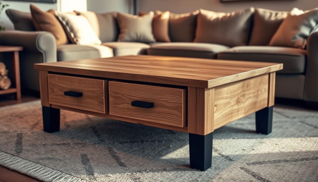 A meticulously crafted, rustic pine wood coffee table with drawers, set against a warm, cozy living room backdrop. The table features a natural, distressed finish, complemented by sleek, black metal hardware. Soft, indirect lighting creates a gentle, inviting ambiance, casting subtle shadows that accentuate the table's textured surface. The drawers, placed at the perfect height, offer convenient storage solutions for magazines, remote controls, and other living room essentials. The overall composition exudes a sense of understated sophistication, blending seamlessly with the room's decor to create a harmonious, inviting space.