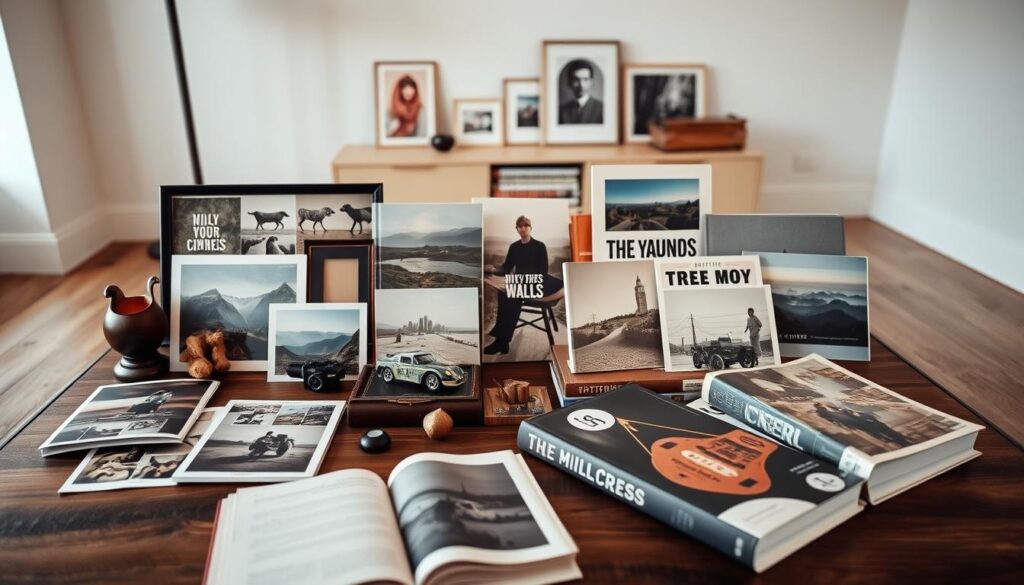 A meticulously curated collection of compelling images, thoughtfully arranged on a sleek wooden coffee table. The foreground features an assortment of vintage photographs, travel memorabilia, and artfully placed trinkets, each telling a unique story. The middle ground showcases a mix of hardcover books and magazines, their spines and covers providing a visually striking tapestry. In the background, a softly lit, minimalist room with a neutral color palette sets the stage, allowing the content to take center stage. The overall composition exudes a sense of warmth, authenticity, and a touch of nostalgia, inviting the viewer to immerse themselves in the captivating visual narrative.