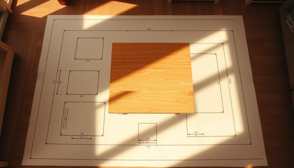A meticulously drafted floor plan with precise dimensions, showcasing a versatile coffee table that can be effortlessly transformed into a fully functional dining table. The plan is rendered in a clean, technical style with clear lines and measurements, highlighting the compact yet adaptable nature of the design. The image is bathed in warm, natural lighting, lending a cozy and inviting atmosphere. The perspective is slightly elevated, allowing the viewer to appreciate the intricacies of the convertible mechanism and the efficient use of space. The overall aesthetic is minimalist and modern, reflecting the DIY spirit and the needs of small-space living.