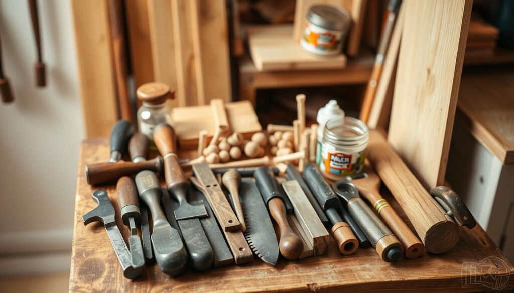 A meticulously organized collection of woodworking tools, materials, and accessories arranged on a wooden side table. The foreground features a variety of hand tools including chisels, saws, hammers, and sanders, neatly arranged on a well-worn surface. The middle ground showcases wooden planks, dowels, and a jar of wood glue, hinting at the project underway. The background is softly lit, casting a warm, inviting glow on the scene, creating a cozy, workshop-like atmosphere. The overall composition conveys a sense of focus, precision, and the satisfaction of a DIY endeavor. A meticulously organized collection of woodworking tools, materials, and accessories arranged on a wooden side table. The foreground features a variety of hand tools including chisels, saws, hammers, and sanders, neatly arranged on a well-worn surface. The middle ground showcases wooden planks, dowels, and a jar of wood glue, hinting at the project underway. The background is softly lit, casting a warm, inviting glow on the scene, creating a cozy, workshop-like atmosphere. The overall composition conveys a sense of focus, precision, and the satisfaction of a DIY endeavor.