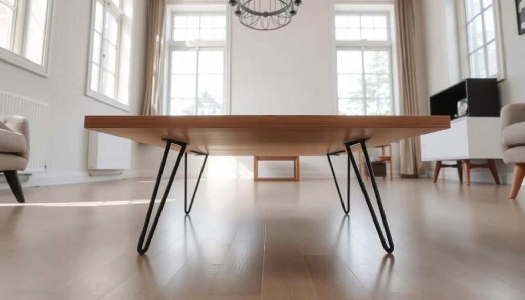 A mid-century modern coffee table with clean lines and tapered hairpin legs, standing in a bright, airy room with natural sunlight filtering through large windows. The tabletop is a smooth, light-colored wood, complemented by the sleek black metal legs. The room has a minimalist, sophisticated atmosphere, with a subtle interplay of textures and tones. The camera angle captures the table at a low, eye-level perspective, highlighting its elegant simplicity and timeless design. The image conveys a sense of functional style and understated luxury, perfectly suited for the "Plan Your Mid‑Century Modern Coffee Table Build" section of the article.