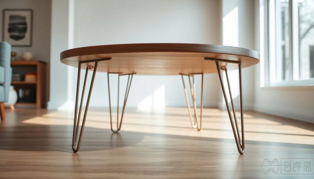 A mid-century style metal hairpin leg coffee table, positioned in a bright, airy room with natural light filtering through large windows. The legs have a sleek, tapered silhouette in a warm, muted metallic finish, contrasting beautifully with the rich, wood-grain tabletop. Soft, diffused lighting casts gentle shadows, highlighting the elegant simplicity of the design. The overall atmosphere evokes a timeless, nostalgic charm, perfect for a cozy living space with a touch of modern flair.