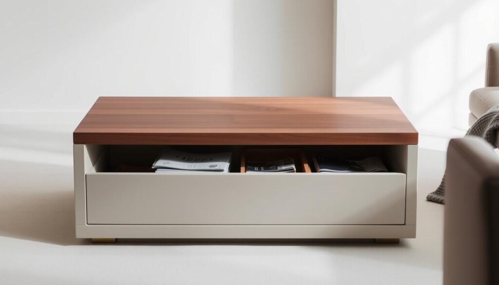 A minimalist coffee table with built-in storage compartments, featuring a sleek wooden top and a modern, geometric base. The table has subtle brass accents and is set against a light, airy backdrop, with soft, diffused lighting illuminating the scene. The storage compartments are designed to neatly conceal clutter, creating a clean and organized living space. The overall mood is one of simplicity, functionality, and contemporary elegance.
