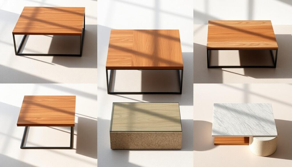 A minimalist set of square coffee table design variations, featuring a range of modern materials and finishes. Sleek wooden tops with clean lines, complemented by metal, glass, and stone bases in a warm, inviting palette. The compositions are arranged in a clean, symmetrical layout, with subtle shadows and natural lighting to highlight the textures and silhouettes. The overall mood is one of refined simplicity, showcasing the versatility and adaptability of these compact, space-saving coffee table designs.