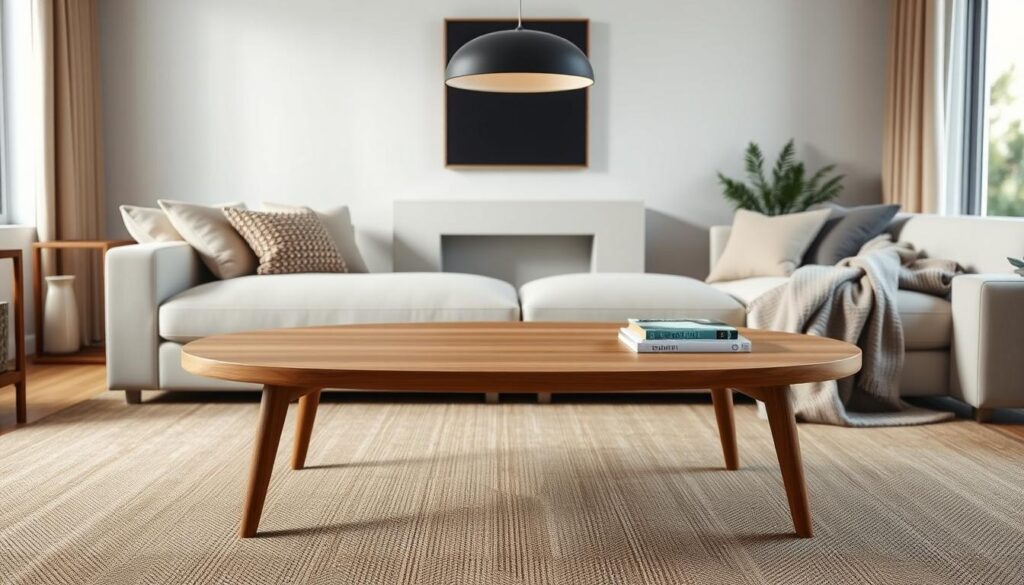A minimalist, yet elegant, oval coffee table design plan showcased in a tastefully appointed living room. The table features a sleek, wooden top with a warm, natural finish, resting atop slender, tapered legs in a complementary hue. Soft, diffused lighting from a modern pendant fixture casts a gentle glow, highlighting the table's clean lines and attention to detail. The room is adorned with plush, neutral-toned furnishings, allowing the table to take center stage as the focal point. Subtle textures, such as woven throws and a lush area rug, add depth and visual interest, creating a harmonious, sophisticated ambiance ideal for a refined, DIY oval coffee table project. A minimalist, yet elegant, oval coffee table design plan showcased in a tastefully appointed living room. The table features a sleek, wooden top with a warm, natural finish, resting atop slender, tapered legs in a complementary hue. Soft, diffused lighting from a modern pendant fixture casts a gentle glow, highlighting the table's clean lines and attention to detail. The room is adorned with plush, neutral-toned furnishings, allowing the table to take center stage as the focal point. Subtle textures, such as woven throws and a lush area rug, add depth and visual interest, creating a harmonious, sophisticated ambiance ideal for a refined, DIY oval coffee table project.