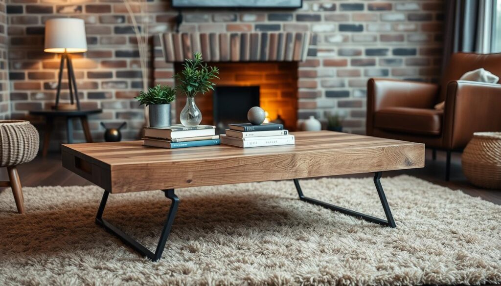 A modern and rustic coffee table design, set against a warm, inviting living room. In the foreground, a solid wood coffee table with a distressed finish, complemented by sleek, angular metal legs. Atop the table, a mix of decorative elements - a potted plant, a stack of books, and a vintage-inspired lamp. In the middle ground, a plush, earth-toned area rug grounds the scene, while the background features a brick accent wall, softly illuminated by ambient lighting. Hints of natural textures, such as woven baskets or a leather-upholstered armchair, add to the balanced, cozy atmosphere. The overall composition conveys a harmonious blend of modern and rustic design elements, inspiring creativity and relaxation.