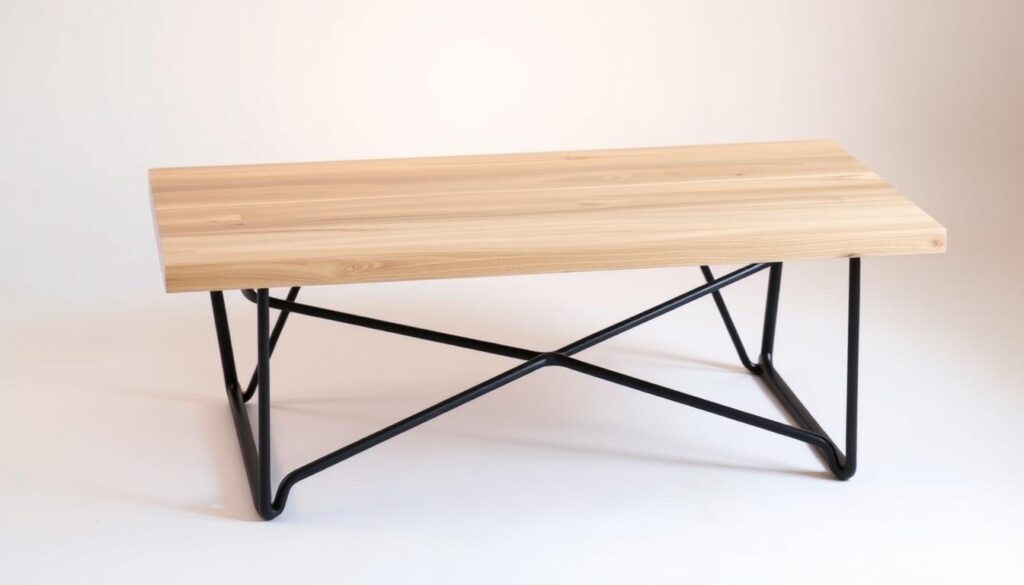 A modern farmhouse-inspired coffee table with a sleek rectangular top made of light-toned, distressed wood. The table has tapered, black metal legs that create a minimalist, industrial vibe. Soft, warm lighting casts a cozy glow, highlighting the rustic yet refined details. The table is set against a neutral, light-colored backdrop, allowing the design to take center stage. The overall aesthetic blends contemporary and traditional elements, creating a visually striking and versatile piece that would complement a range of interior styles.