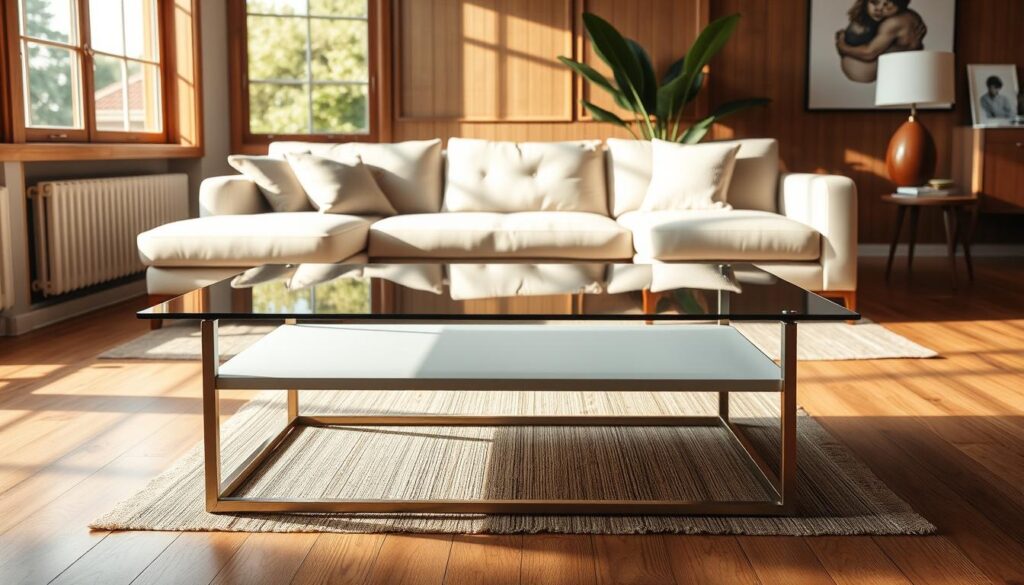 A modern, minimalist coffee table positioned in the foreground, its sleek glass top and clean lines complementing the soft, plush upholstery of a mid-century style sectional sofa in the middle ground. The room is bathed in warm, natural light from large windows, casting a cozy, inviting atmosphere. The table's scale and proximity to the seating arrangement create a harmonious, balanced layout, inviting conversation and relaxation. A hint of greenery in the background adds a touch of nature, completing the refined, yet welcoming ambiance. A modern, minimalist coffee table positioned in the foreground, its sleek glass top and clean lines complementing the soft, plush upholstery of a mid-century style sectional sofa in the middle ground. The room is bathed in warm, natural light from large windows, casting a cozy, inviting atmosphere. The table's scale and proximity to the seating arrangement create a harmonious, balanced layout, inviting conversation and relaxation. A hint of greenery in the background adds a touch of nature, completing the refined, yet welcoming ambiance.