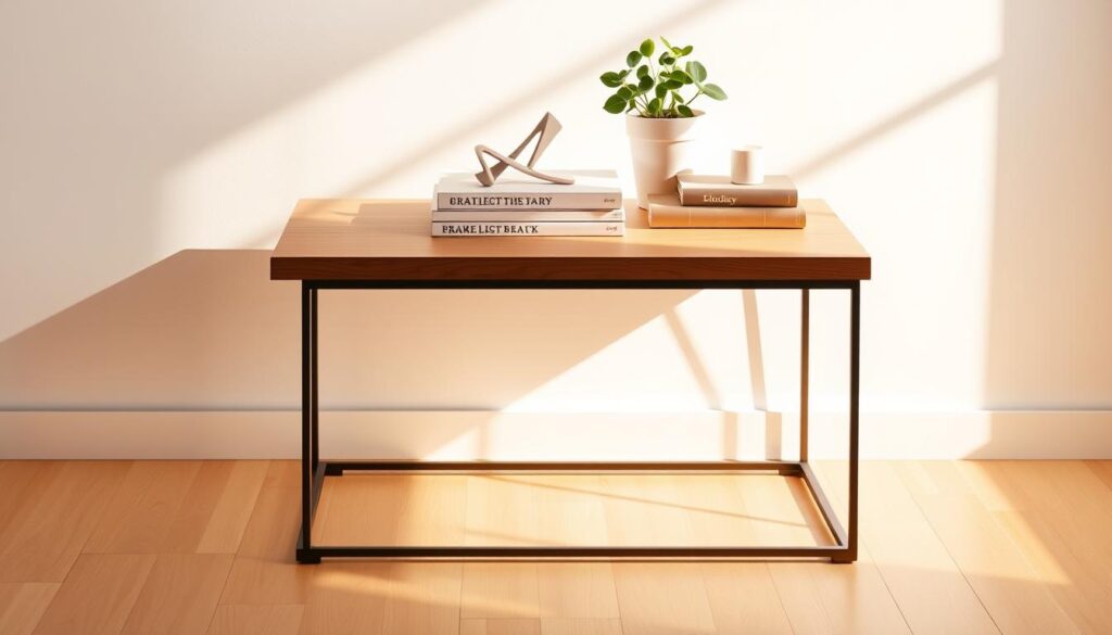 A modern, minimalist side table with a sleek, rectangular wooden top and slender metal legs, set against a bright, airy backdrop. Soft, diffused natural lighting creates warm, inviting shadows that accentuate the table's clean lines. A simple yet stylish arrangement of a potted plant, a sculptural candleholder, and a stack of artfully arranged books sit atop the table, complementing its modern aesthetic. The scene exudes a sense of calm, refined sophistication, perfectly capturing the essence of "Styling Your DIY Side Tables with Modern Flair".