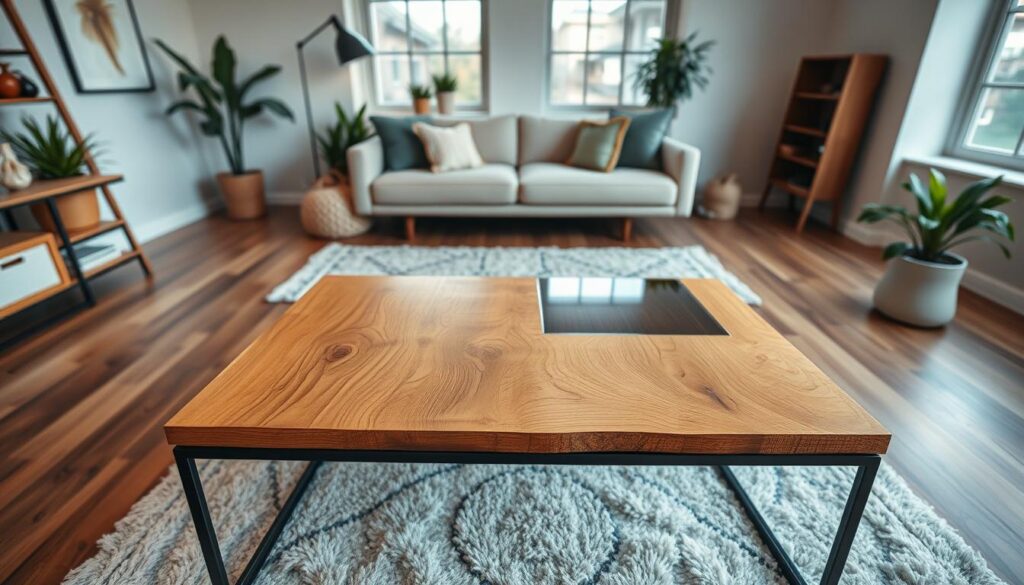 A modern, minimalist wood coffee table in a warm, cozy studio setting. The table features a smooth, natural wood grain top with a simple, clean-lined frame. Various customization options are presented, including a matte black metal frame, a live-edge wooden top, and a glass insert panel. Soft, diffused lighting from large windows casts a gentle glow, highlighting the wood's texture and finish. Complementary decor elements, such as potted plants and a plush area rug, create an inviting, design-forward atmosphere. The camera angle captures the table from a low, eye-level perspective, emphasizing its clean, minimalist aesthetic.