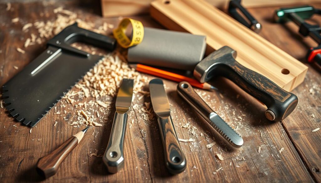 A neatly arranged collection of essential woodworking tools and materials, meticulously placed on a rustic wooden surface. In the foreground, a hand-saw, chisel, and hammer are positioned with care, their metal surfaces gleaming under warm, directional lighting. In the middle ground, a bundle of sandpaper, a measuring tape, and a pencil stand out against a backdrop of wood shavings and sawdust. In the background, a wooden plank and a few clamps create a sense of depth and the tools' intended use. The overall scene conveys a sense of craftsmanship, attention to detail, and the necessary elements for a successful woodworking project.