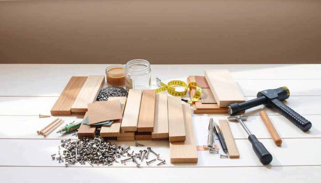 A neatly arranged collection of various DIY side table materials and supplies on a white wooden surface, illuminated by soft natural lighting from the side. In the foreground, an assortment of wood planks, screws, sandpaper, a hammer, and a screwdriver. In the middle ground, a jar of wood glue, a measuring tape, and a set of stain or paint samples. In the background, a neutral-colored wall provides a clean, minimalist backdrop, emphasizing the materials and their textures. The overall composition conveys a sense of organization, simplicity, and the essential tools needed for a DIY side table project.