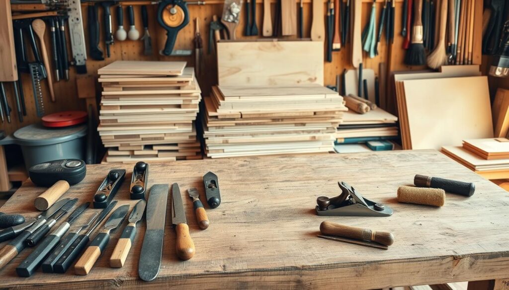 A neatly arranged collection of woodworking tools and materials on a rustic wooden workbench, bathed in warm, natural lighting. In the foreground, chisels, planes, saws, and other hand tools are carefully laid out. In the middle ground, stacks of sanded wooden planks and sheets of plywood wait to be transformed. The background features an assortment of clamps, sandpaper, brushes, and finishing supplies, suggesting the full range of resources needed for a DIY woodworking project. The overall atmosphere is one of focused creativity, inviting the viewer to imagine the possibilities of crafting a beautiful coffee table from these humble materials. A neatly arranged collection of woodworking tools and materials on a rustic wooden workbench, bathed in warm, natural lighting. In the foreground, chisels, planes, saws, and other hand tools are carefully laid out. In the middle ground, stacks of sanded wooden planks and sheets of plywood wait to be transformed. The background features an assortment of clamps, sandpaper, brushes, and finishing supplies, suggesting the full range of resources needed for a DIY woodworking project. The overall atmosphere is one of focused creativity, inviting the viewer to imagine the possibilities of crafting a beautiful coffee table from these humble materials.