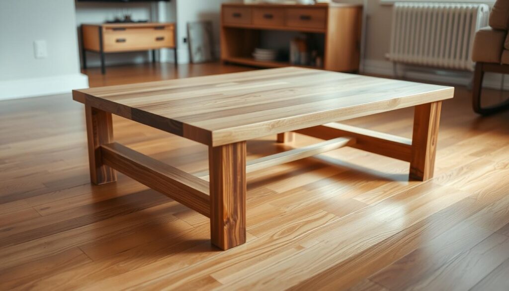 A neatly crafted wooden coffee table base sits atop a warm-toned hardwood floor, its clean lines and sturdy construction showcasing the skilled craftsmanship. Soft, diffused lighting casts a gentle glow, accentuating the natural grain and texture of the wood. The table base is positioned in a cozy, minimalist living space, creating a harmonious and inviting atmosphere. The camera angle captures the base in a three-quarter view, highlighting its elegant design and the attention to detail in its construction.