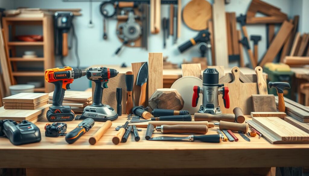 A neatly organized selection of woodworking materials and tools, meticulously arranged on a clean wooden surface. In the foreground, an assortment of power tools including a cordless drill, circular saw, and router, their sleek designs gleaming under warm, diffused lighting. In the middle ground, a variety of hand tools such as chisels, hammers, and sandpaper, alongside a collection of wood samples in different grains and textures. In the background, a soft, blurred backdrop of a well-equipped workshop, hinting at the potential for creativity and transformation. The overall mood is one of focused preparation, with a sense of anticipation for the DIY project to come. A neatly organized selection of woodworking materials and tools, meticulously arranged on a clean wooden surface. In the foreground, an assortment of power tools including a cordless drill, circular saw, and router, their sleek designs gleaming under warm, diffused lighting. In the middle ground, a variety of hand tools such as chisels, hammers, and sandpaper, alongside a collection of wood samples in different grains and textures. In the background, a soft, blurred backdrop of a well-equipped workshop, hinting at the potential for creativity and transformation. The overall mood is one of focused preparation, with a sense of anticipation for the DIY project to come.