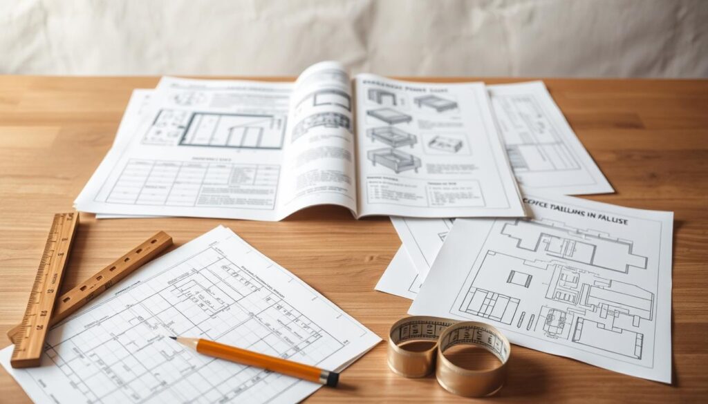 A neatly organized table displaying a selection of planning materials for a DIY coffee table project. In the foreground, a wooden ruler, pencil, and tape measure lie alongside a stack of graph paper and sketches. In the middle ground, a set of engineering plans, material lists, and cut diagrams are spread out, illuminated by a warm, focused light. The background features a neutral, softly blurred surface, allowing the planning materials to take center stage. The overall mood is one of thoughtful preparation and attention to detail, setting the stage for a successful DIY furniture build.