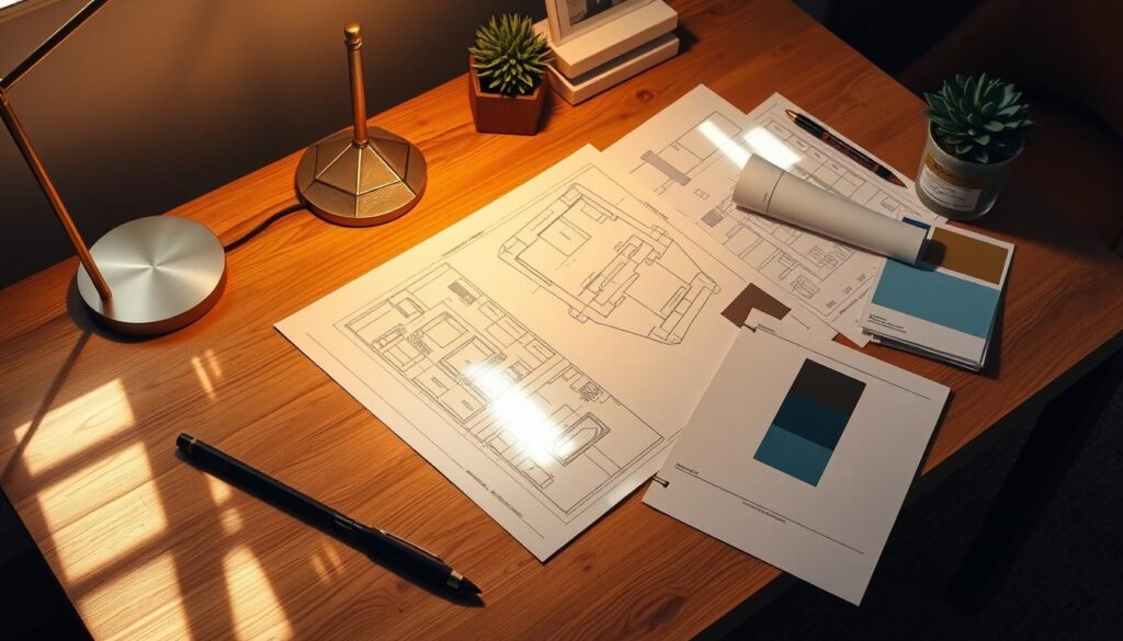 A neatly organized wooden desk with a carefully arranged spread of design materials - blueprints, sketches, and color swatches. Warm lighting from a table lamp casts a cozy glow, with shadows softly accentuating the textural details of the oak surface. Geometric brass desk accessories and a potted plant add thoughtful accents. The overall atmosphere conveys a sense of focused creative planning for a timeless DIY oak coffee table project.