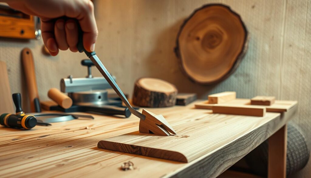A neatly organized workbench, illuminated by warm, directional lighting, showcases an intricately detailed oak cutting technique. In the foreground, a skilled hand delicately manipulates a sharp chisel, shaping the wood with precision. The middle ground reveals various hand tools, including a miter saw and sanding block, hinting at the meticulous process. In the background, a natural oak log stands as a testament to the source material, set against a neutral, textured backdrop that evokes the rustic charm of a dedicated workshop. The overall scene conveys a sense of focus, problem-solving, and the rewarding journey of crafting a unique DIY project.