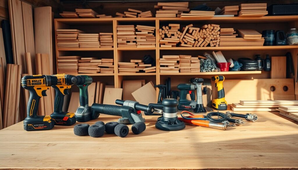A neatly organized workspace with a wooden workbench in the foreground, showcasing an array of essential DIY tools and materials. In the middle ground, various power tools, such as a cordless drill, jigsaw, and orbital sander, are arranged with precision. The background features shelves stocked with an assortment of wood planks, sandpaper, screws, and other hardware, creating a sense of preparedness and attention to detail. The scene is illuminated by warm, natural lighting, casting soft shadows and highlighting the textures of the materials. The overall atmosphere conveys a sense of focused productivity and the anticipation of a creative DIY project.