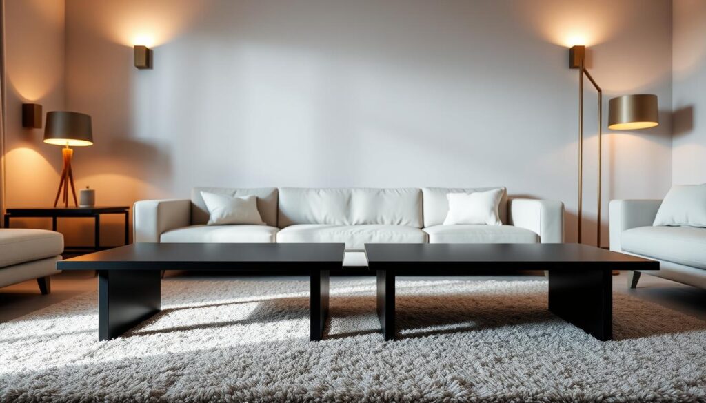 A pair of sleek, contemporary coffee tables placed side by side in a modern, minimalist living room. The tables have a low, rectangular profile with clean lines and a smooth, matte black surface. Soft, indirect lighting from wall sconces and floor lamps creates a warm, inviting atmosphere, casting a gentle glow on the tables. The room features neutral-toned walls and furniture, allowing the tables to take center stage as the focal point. Subtle textures, such as a plush area rug and throw pillows, add depth and visual interest to the space. The overall scene conveys a sense of balance, harmony, and a sophisticated, yet cozy ambiance.
