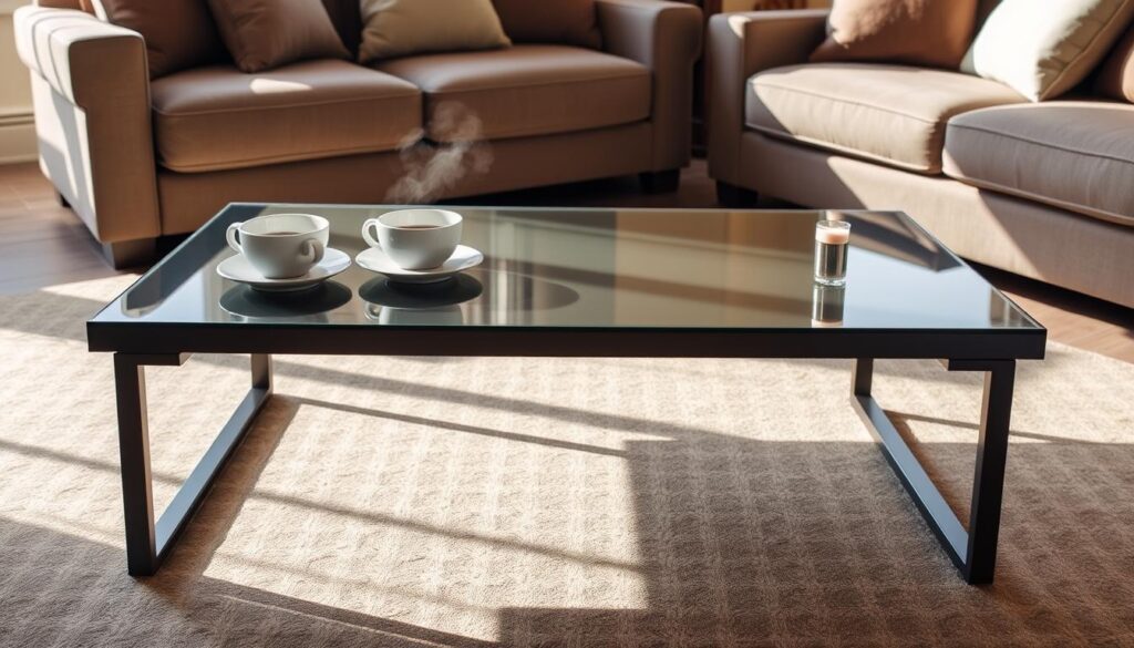 A perfectly positioned coffee table, its sleek lines and glass top reflecting the warm lighting of a cozy living room. The table rests precisely 16-18 inches from the sofa, its length and height in harmonious proportion to the surrounding furniture. Soft shadows play across the polished surface, creating depth and dimension. The table's elegant silhouette is the centerpiece of the scene, inviting guests to gather and converse over steaming cups of coffee. Subtle textures in the wood grain and metal accents lend an air of refined sophistication to this thoughtfully arranged space. A perfectly positioned coffee table, its sleek lines and glass top reflecting the warm lighting of a cozy living room. The table rests precisely 16-18 inches from the sofa, its length and height in harmonious proportion to the surrounding furniture. Soft shadows play across the polished surface, creating depth and dimension. The table's elegant silhouette is the centerpiece of the scene, inviting guests to gather and converse over steaming cups of coffee. Subtle textures in the wood grain and metal accents lend an air of refined sophistication to this thoughtfully arranged space.