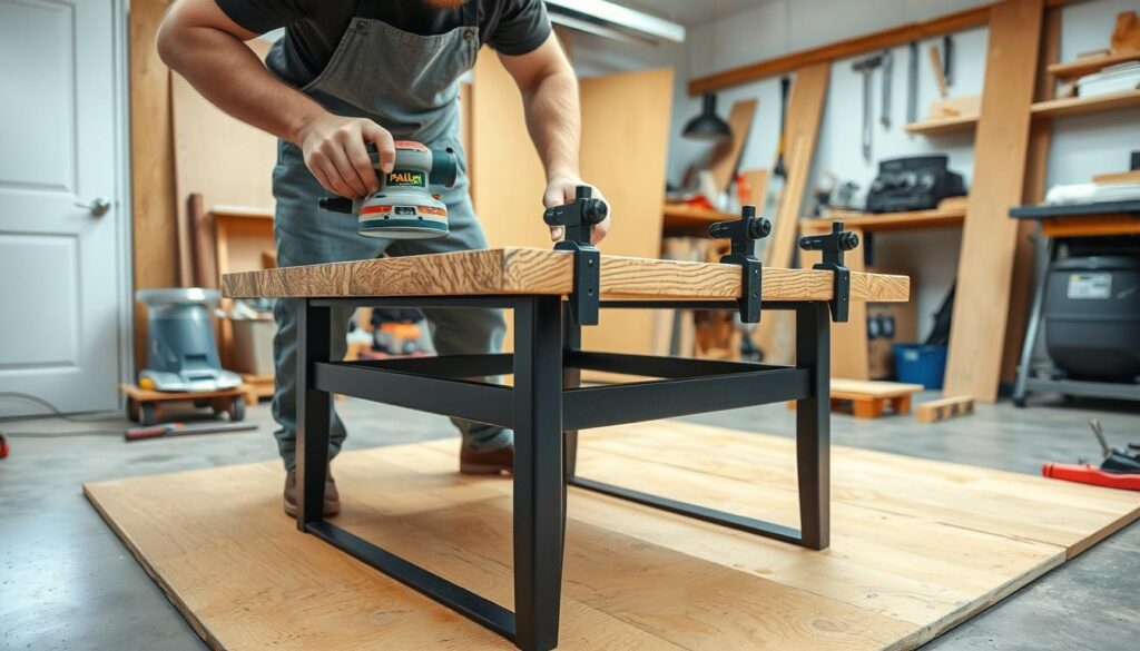 A person in a well-lit workshop meticulously building and attaching a solid wood coffee table top onto a metal frame, using a variety of tools such as a palm sander, clamps, and a hammer. The table top is made of a warm-toned, rustic wood grain, and the metal legs have a matte black industrial finish. The scene captures the process of crafting a beautifully functional and stylish DIY coffee table, with attention to detail and a focus on the hands-on work.