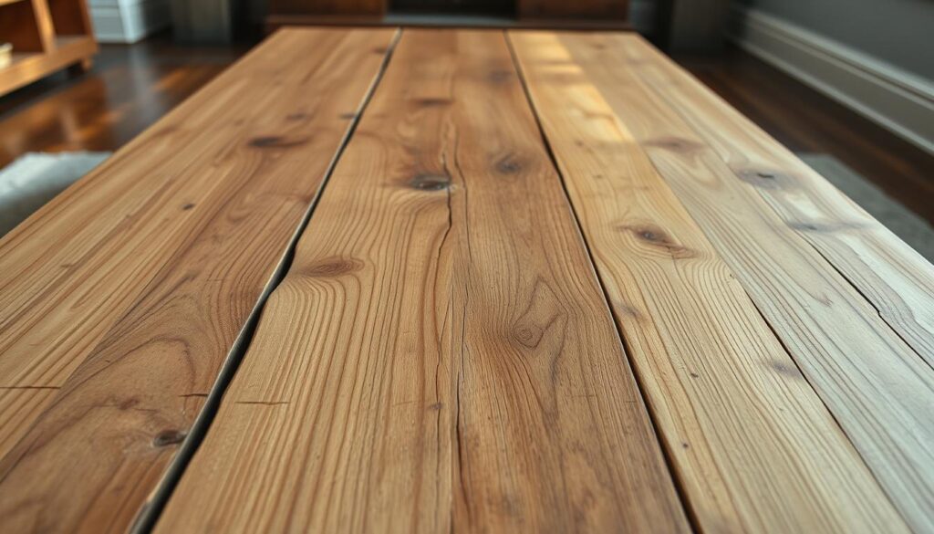 A rustic 2x4 coffee table top, its weathered surface bearing the marks of time and use. The wood's natural grain patterns create a warm, organic feel, complemented by soft, diffused lighting that casts gentle shadows across the tabletop. The scene has a cozy, inviting atmosphere, evoking a sense of homespun charm and casual elegance. The camera captures the table from a low angle, emphasizing the table's substantial, yet refined presence. The overall composition highlights the table's simple, functional design and the beauty inherent in the repurposed lumber.