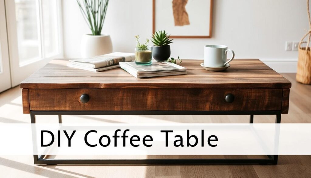 A rustic, handcrafted DIY coffee table with a weathered wooden top and metal frame, set against a backdrop of minimalist decor. Soft, natural lighting from a large window casts a warm glow, highlighting the table's organic textures and accents. The tabletop features a mix of plants, magazines, and a steaming mug of coffee, creating a cozy, inviting atmosphere. The scene captures the essence of trendy, Pinterest-worthy DIY coffee table projects that can be easily recreated at home.