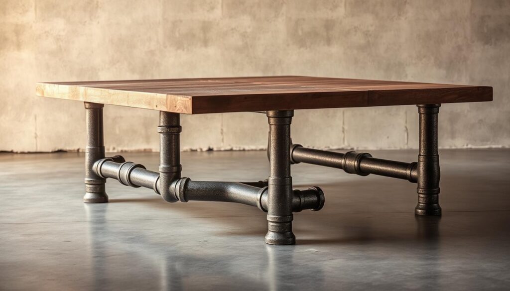 A rustic industrial coffee table with sturdy metal pipe legs standing on a polished concrete floor. The pipes have a textured, weathered finish, creating a bold, utilitarian aesthetic. Soft, directional lighting from overhead casts warm shadows, highlighting the raw, masculine character of the metalwork. The overall composition conveys a loft-style, urban ambiance, perfect for a modern, loft-inspired living space.