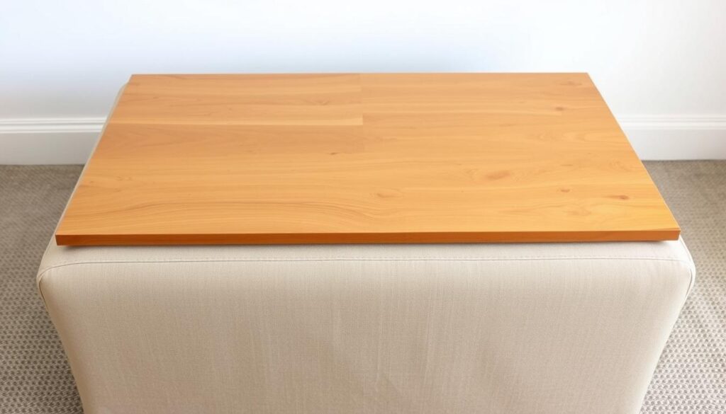 A rustic, warm-toned plywood surface, smooth and unblemished, sits atop a sturdy, minimalist ottoman frame. The plywood's natural wood grain patterns create a tactile, inviting texture, complemented by soft, diffused lighting that casts gentle shadows, highlighting the material's depth and materiality. The composition is clean and uncluttered, placing the plywood top as the central focus, conveying a sense of simplicity and functionality. The overall mood is one of understated elegance, reflecting the DIY coffee table's convertible nature and its suitability for a cozy, modern living space.