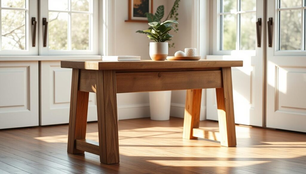 A rustic wooden planter table, standing gracefully in a sun-dappled room. The tabletop is a smooth, weathered surface, adorned with a potted plant and a few simple accessories. Soft, natural lighting filters in through large windows, casting a warm glow and gentle shadows. The table's sturdy, tapered legs and clean lines give it a timeless, Scandinavian-inspired aesthetic. The overall scene conveys a sense of tranquility and simplicity, perfectly suited as an accent piece for a cozy, relaxed living space. A rustic wooden planter table, standing gracefully in a sun-dappled room. The tabletop is a smooth, weathered surface, adorned with a potted plant and a few simple accessories. Soft, natural lighting filters in through large windows, casting a warm glow and gentle shadows. The table's sturdy, tapered legs and clean lines give it a timeless, Scandinavian-inspired aesthetic. The overall scene conveys a sense of tranquility and simplicity, perfectly suited as an accent piece for a cozy, relaxed living space.