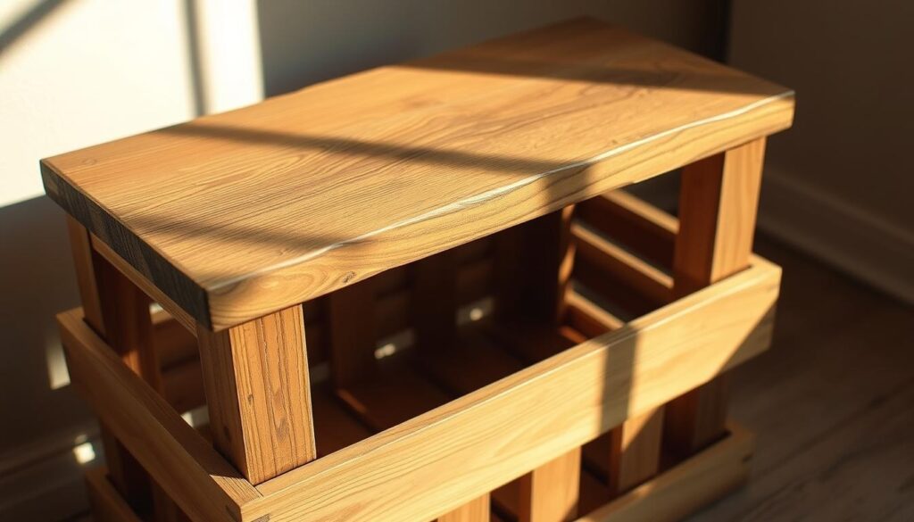 A rustic wooden table top sitting atop a sturdy, natural-looking wooden crate. The table top has a smooth, weathered surface with subtle grain patterns, resting on the crate's simple, clean-lined design. Soft, directional lighting from the side casts warm shadows, highlighting the organic textures and creating a cozy, inviting atmosphere. The arrangement is captured from a slightly elevated angle, emphasizing the functional, yet stylish nature of the piece. The image conveys a sense of practicality and craftsmanship, perfectly suited for a DIY guide on creating a functional side table dog crate.