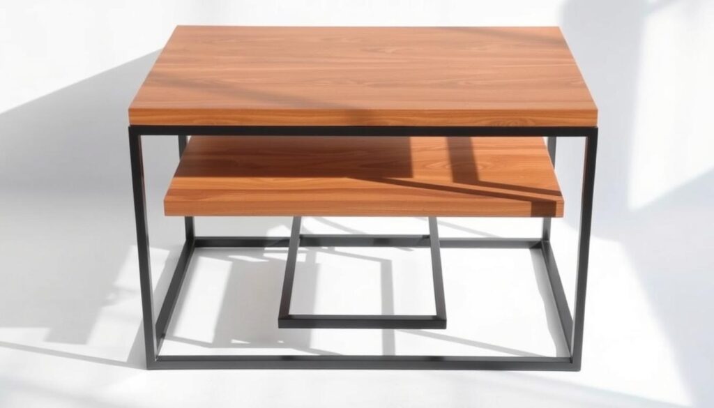 A simply designed side table with a clean and minimalistic aesthetic, showcasing a step-by-step assembly process. The table features a solid wooden top, supported by a sleek metal frame with three distinct levels. Natural lighting illuminates the scene, highlighting the warm tones of the wood and the smooth, matte finish of the metal components. The table is positioned against a plain white backdrop, allowing the design details to take center stage. The overall composition conveys a sense of modular functionality and DIY-friendly construction, suitable for a beginner woodworking project. A simply designed side table with a clean and minimalistic aesthetic, showcasing a step-by-step assembly process. The table features a solid wooden top, supported by a sleek metal frame with three distinct levels. Natural lighting illuminates the scene, highlighting the warm tones of the wood and the smooth, matte finish of the metal components. The table is positioned against a plain white backdrop, allowing the design details to take center stage. The overall composition conveys a sense of modular functionality and DIY-friendly construction, suitable for a beginner woodworking project.