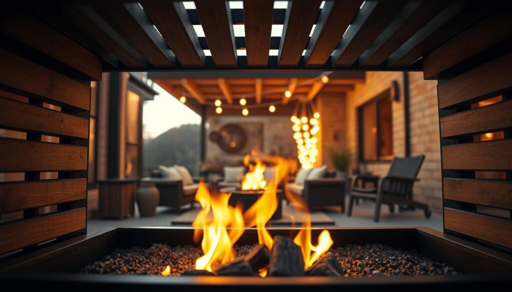 A slatted fire pit aperture with a warm, inviting glow. The slatted design features precision-cut wooden slats arranged in a geometric pattern, casting intricate shadows and allowing the flickering flames to peek through. The middle ground showcases the sleek, minimalist fire pit frame, made of matte black metal that complements the natural wood tones. In the background, a cozy outdoor setting with earthy tones and soft lighting creates an intimate, relaxing ambiance. Captured with a wide-angle lens to emphasize the architectural details, the scene is illuminated by the golden, flickering firelight, casting a welcoming and atmospheric mood. A slatted fire pit aperture with a warm, inviting glow. The slatted design features precision-cut wooden slats arranged in a geometric pattern, casting intricate shadows and allowing the flickering flames to peek through. The middle ground showcases the sleek, minimalist fire pit frame, made of matte black metal that complements the natural wood tones. In the background, a cozy outdoor setting with earthy tones and soft lighting creates an intimate, relaxing ambiance. Captured with a wide-angle lens to emphasize the architectural details, the scene is illuminated by the golden, flickering firelight, casting a welcoming and atmospheric mood.