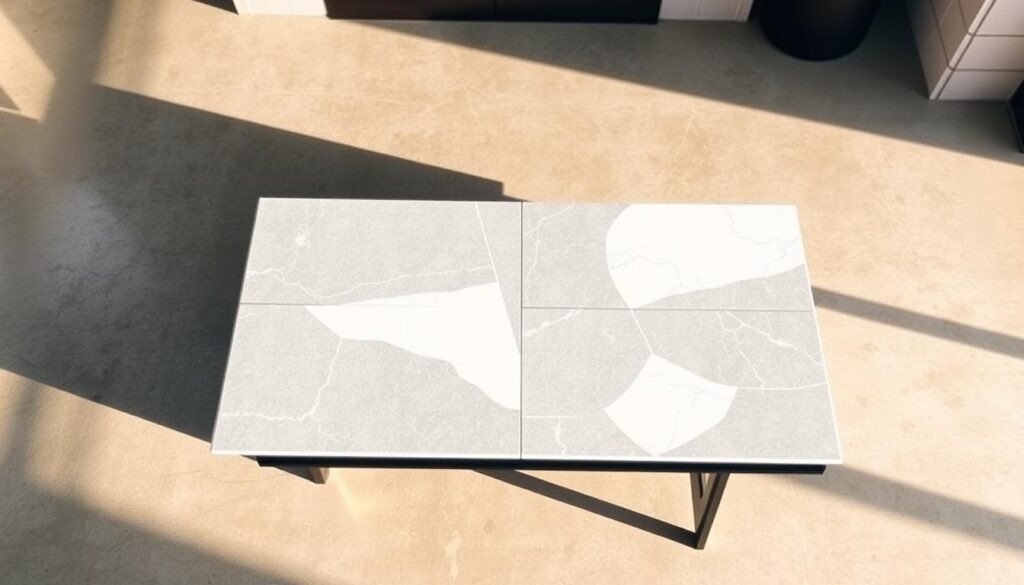 A sleek and modern tile-clad coffee table rests on a polished concrete floor, bathed in warm, diffused lighting. The tabletop features a stunning faux marble pattern, achieved through a combination of precisely arranged tile pieces in shades of gray and white. Subtle veining and slight imperfections add to the authentic, high-end appearance. The table's clean-lined silhouette is accentuated by the play of light and shadow, creating a sophisticated and inviting ambiance. This budget-friendly DIY project captures the essence of current tile and stone trends, effortlessly elevating the space with an air of understated elegance.