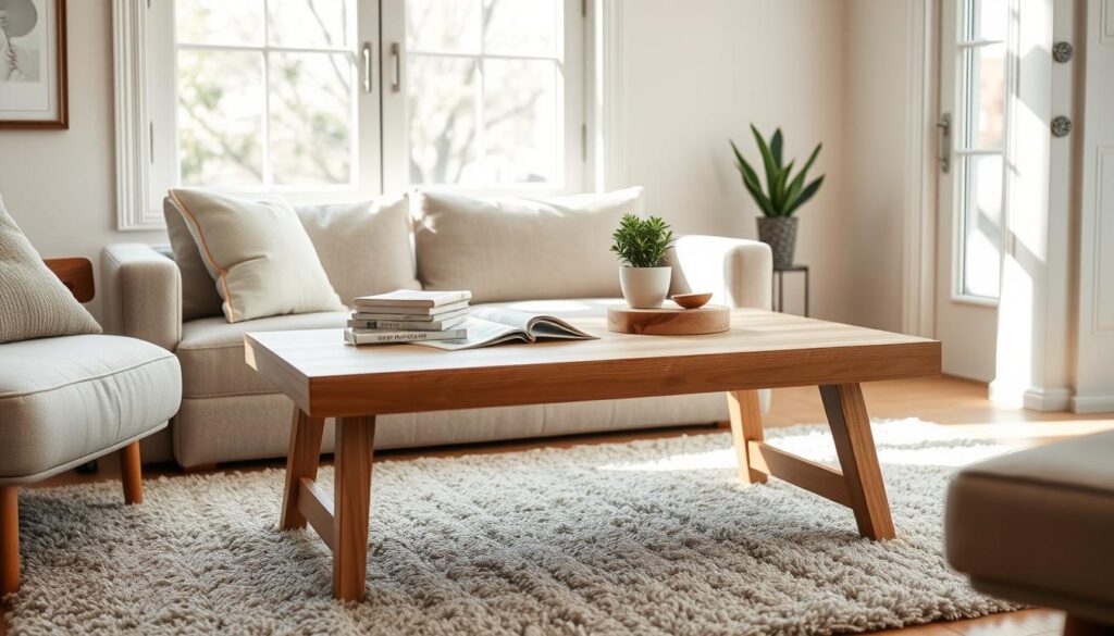 A sleek, minimalist coffee table made of light oak wood, with a simple rectangular shape and clean lines. The table is positioned in a cozy, sun-drenched room, with natural light streaming in through large windows. The table's surface is adorned with a few carefully curated items, such as a potted plant and a stack of magazines, creating a harmonious and inviting atmosphere. The room is furnished with other mid-century modern elements, including a plush, neutral-colored sofa and a shag rug, which complement the table's design. The overall mood is one of relaxation and functionality, perfectly capturing the essence of a versatile coffee-to-dining table in a small living space.