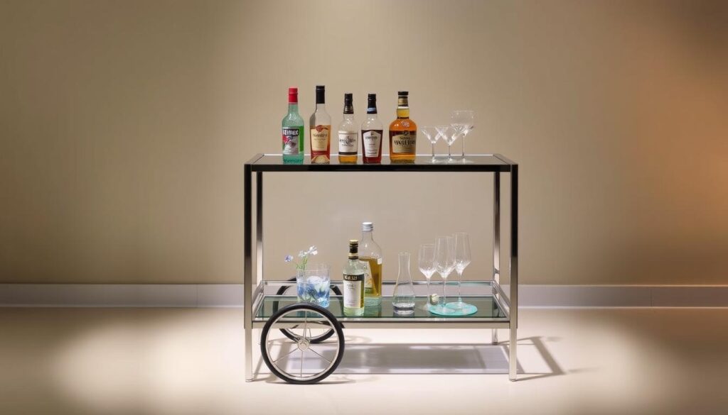 A sleek, modern bar cart side table with a tempered glass top and a polished metal frame. The cart has two tiers for displaying liquor bottles, cocktail glasses, and other bar accessories. Soft, warm lighting illuminates the scene, creating a cozy and inviting atmosphere. The background features a minimalist, neutral-toned wall, allowing the functional and stylish bar cart to be the focal point. The overall design is a harmonious blend of form and function, perfect for adding a touch of sophistication to any living space.