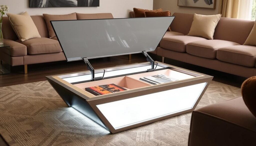 A sleek, modern coffee table with a unique lift-top design and integrated storage compartments. The table features a minimalist, angular frame made of polished chrome or brushed steel, with a tempered glass or white oak top. The lift-top mechanism allows for easy access to the hidden storage space beneath, perfect for stashing magazines, remote controls, or other living room essentials. Soft, diffused lighting emanates from within the table's base, creating a warm, inviting ambiance. The table is placed in a stylishly appointed living room, with neutral-toned walls and plush, mid-century modern furnishings that complement the table's contemporary aesthetic.