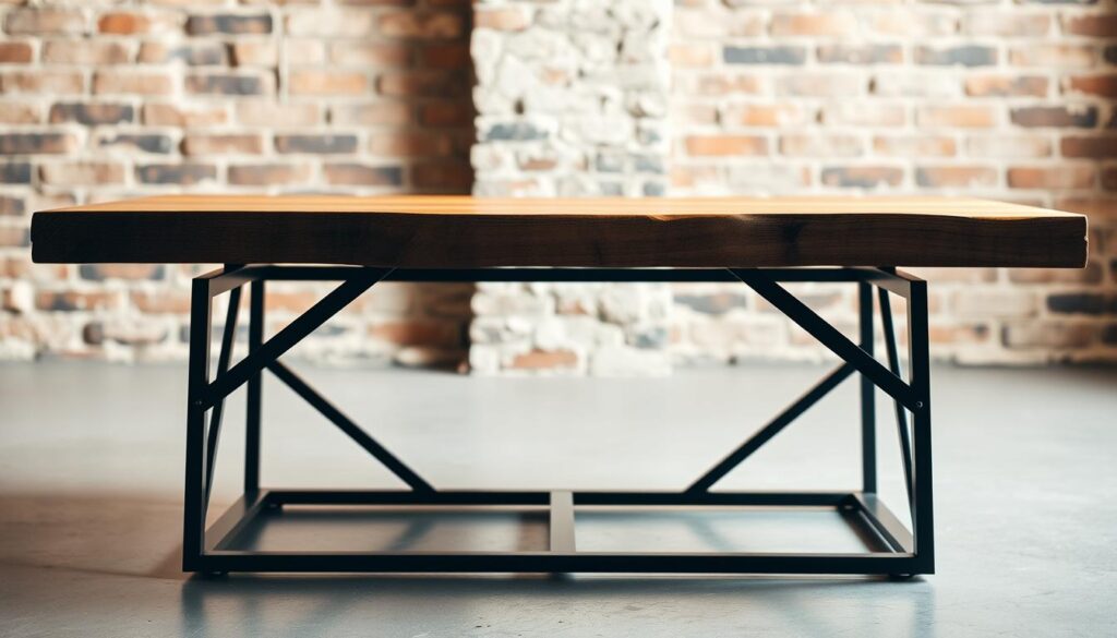 A sleek, modern industrial coffee table with a minimalist, geometric design. The table features a thick, sturdy rectangular wood top with a natural grain finish, resting on a sturdy, black metal frame with clean, angular lines. The frame is composed of thin, intersecting metal bars that create an open, airy silhouette. The table is set against a backdrop of exposed brick walls, creating an urban, loft-like atmosphere. The lighting is soft, warm, and diffused, accentuating the natural textures and materials. The overall composition conveys a sense of understated elegance and contemporary sophistication.