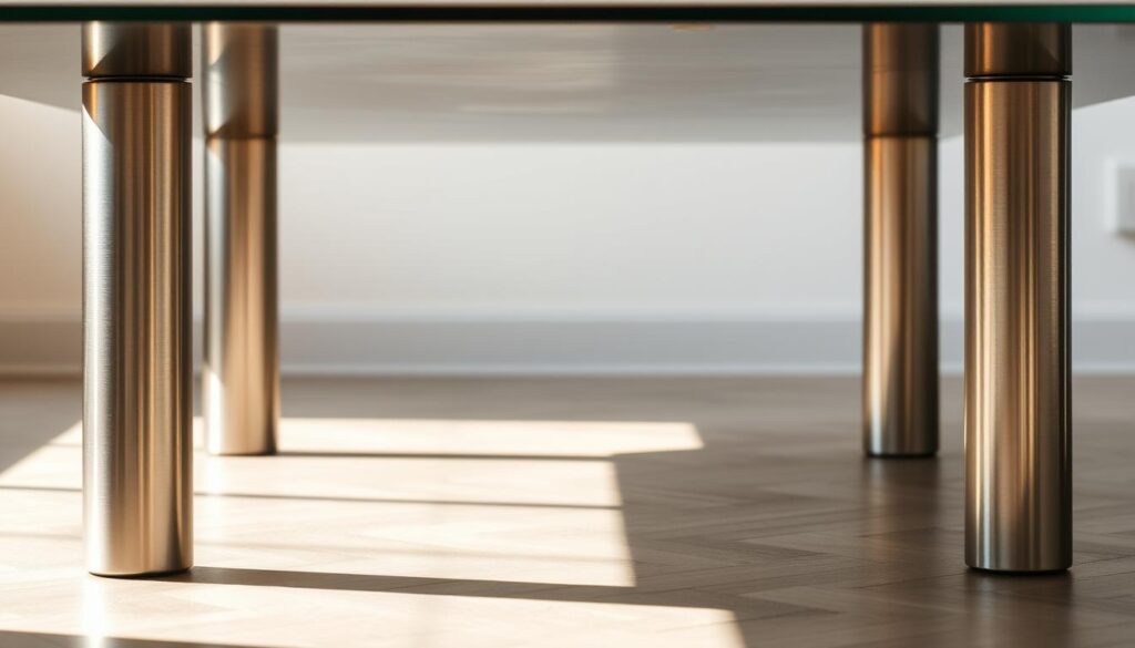 A sleek, modern metal coffee table with sturdy, cylindrical legs. The legs are made of high-quality, brushed stainless steel that reflects the light beautifully. The metal has a smooth, polished finish that complements the minimalist table design. The legs are slightly tapered, giving the table an elegant, streamlined appearance. The lighting is soft and indirect, creating warm, subtle shadows that accentuate the metallic sheen. The camera angle is slightly low, emphasizing the sturdy, substantial nature of the metal legs. The overall mood is one of contemporary, industrial chic, perfectly suited for a stylish, urban living space.