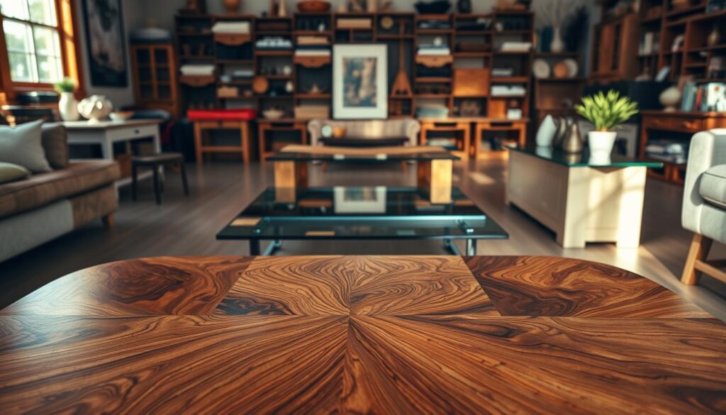 A sophisticated coffee table with intricate woodwork in the foreground, showcasing unique patterns and textures. In the middle ground, a minimalist glass-topped table reflecting the surrounding natural light. In the background, an eclectic array of coffee table styles, from rustic farmhouse to sleek contemporary designs. The scene is illuminated by warm, diffused lighting, creating a cozy and inviting atmosphere. The camera angle is slightly elevated, providing a comprehensive view of the diverse coffee table styles and techniques.