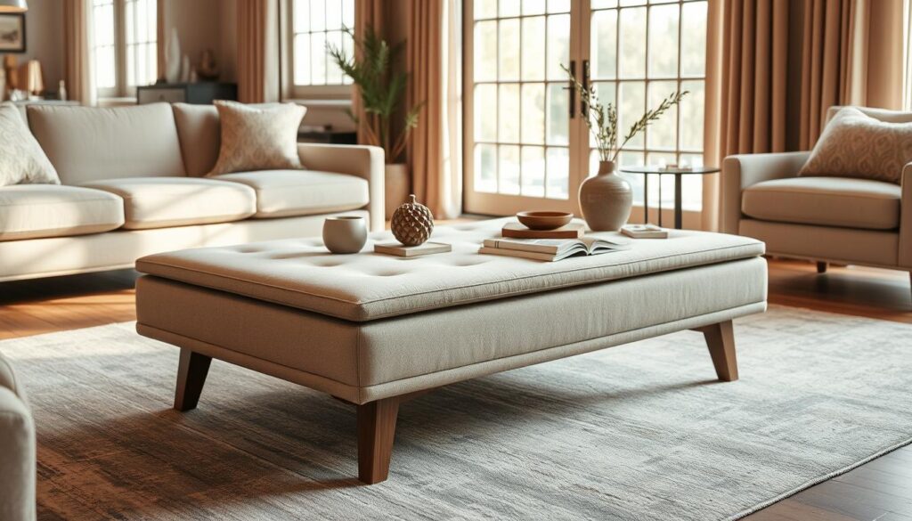 A spacious, dual-purpose ottoman coffee table in a warm, inviting living room. The table's soft, upholstered top in a muted neutral tone offers comfort for resting feet or serving drinks, while the sturdy wooden frame provides ample surface area for displaying decor and holding magazines. Warm, natural lighting filters through large windows, casting a gentle glow on the table's sleek lines and subtly textured fabric. The room's cozy, neutral color palette and plush furnishings create a harmonious, modern-yet-timeless atmosphere, where form and function seamlessly blend.