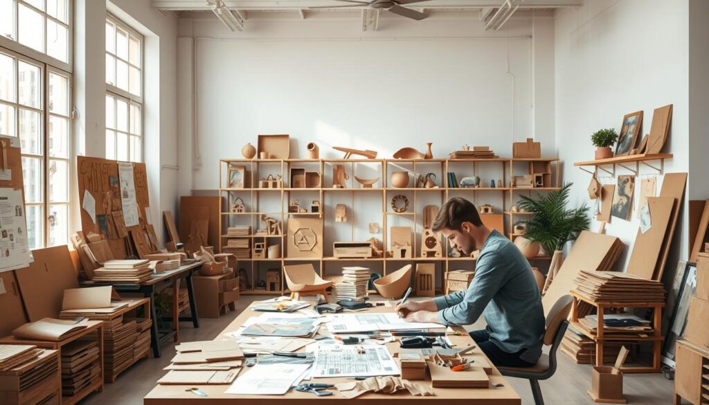 A spacious, well-lit studio filled with natural light streaming through large windows. In the foreground, a designer sits at a cluttered workbench, intently sketching plans for a cardboard furniture piece. Surrounded by various cardboard samples, tools, and inspirational mood boards, the designer is deeply focused on the creative process. In the middle ground, shelves display an array of cardboard prototypes, showcasing the versatility and design potential of the material. The background features a minimalist, clean aesthetic, with white walls and a hint of greenery, emphasizing the eco-friendly nature of the project. The scene conveys a sense of calm, thoughtful exploration as the designer brings their cardboard coffee table vision to life.