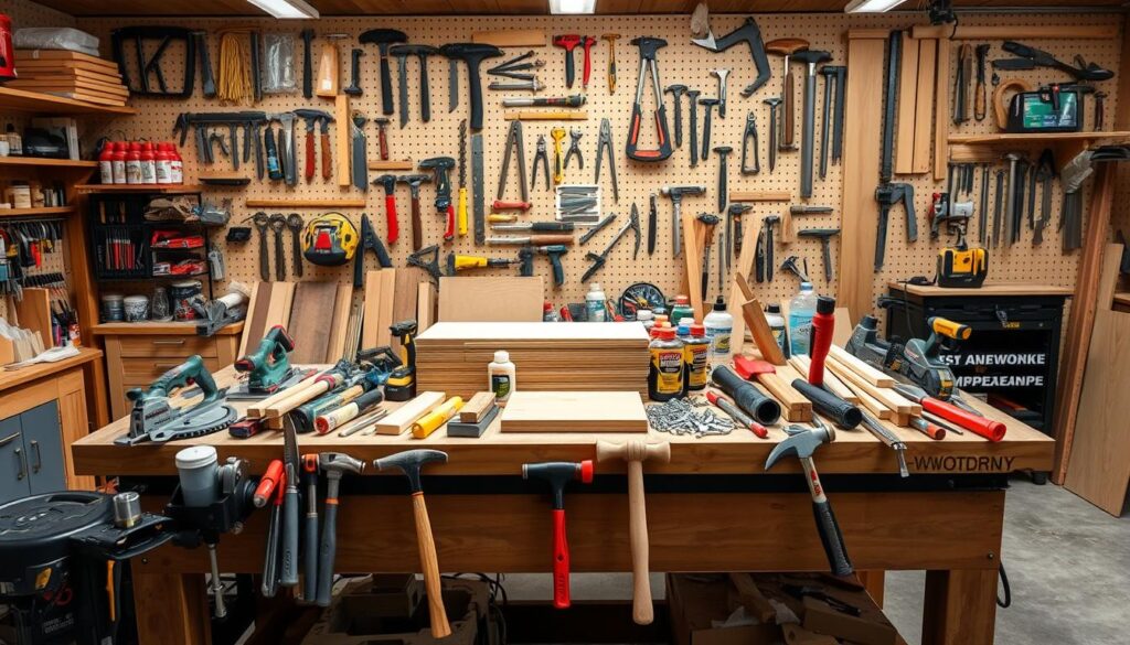 A spacious, well-lit workshop with an assortment of woodworking tools and materials neatly organized on a sturdy workbench. In the foreground, a collection of saws, hammers, screwdrivers, and other essential items for a DIY project. In the middle ground, wooden planks, sandpaper, wood glue, and various fasteners are arranged in a visually appealing manner. The background features a pegboard wall displaying an array of additional tools, creating a sense of a professional, well-equipped workspace. The overall mood is one of anticipation and readiness, inviting the viewer to embark on a fulfilling DIY endeavor.